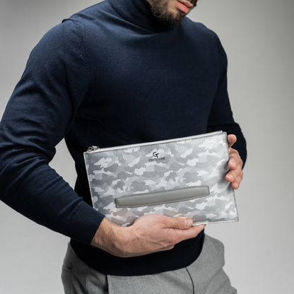 Men's Leather Hand Bag - White Camouflage with silver details