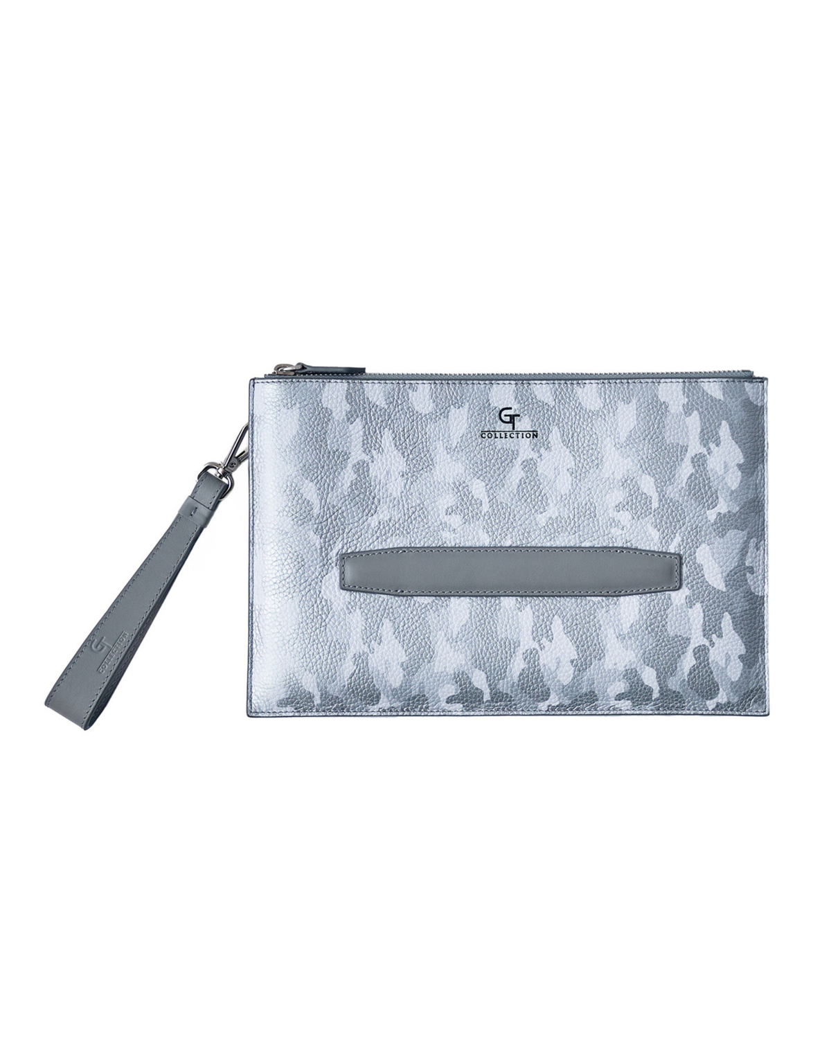 Silver-gray camo leather pouch with wrist strap, zip closure, and logo