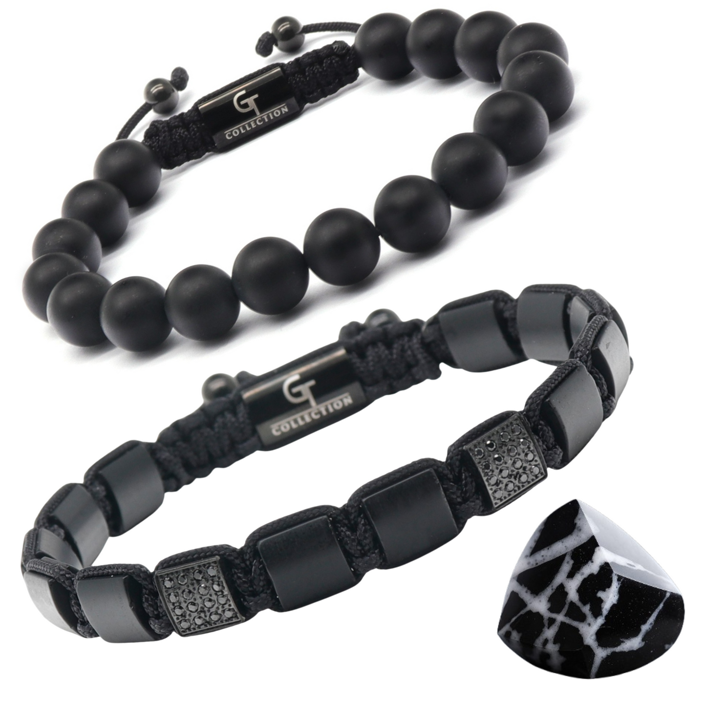 2 PIECE SET - BLACK ONYX Single Bead Bracelet And Flatbead Bracelet