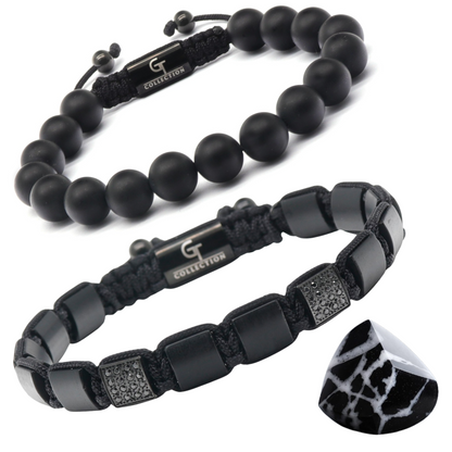 2 PIECE SET - BLACK ONYX Single Bead Bracelet And Flatbead Bracelet