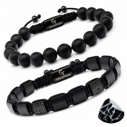 Two matte black bead bracelets with black fabric straps and adjustable cords