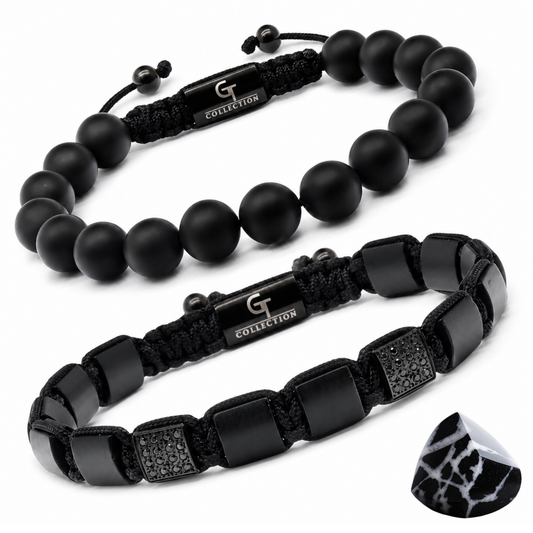 Two matte black bead bracelets with black fabric straps and adjustable cords