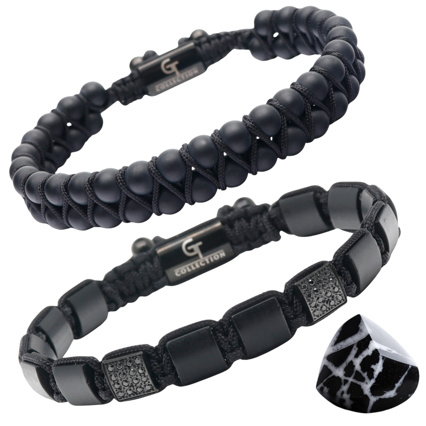 2 PIECE SET - BLACK ONYX Double Bead Bracelet And Flatbead Bracelet