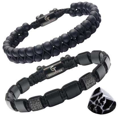 2 PIECE SET - BLACK ONYX Double Bead Bracelet And Flatbead Bracelet