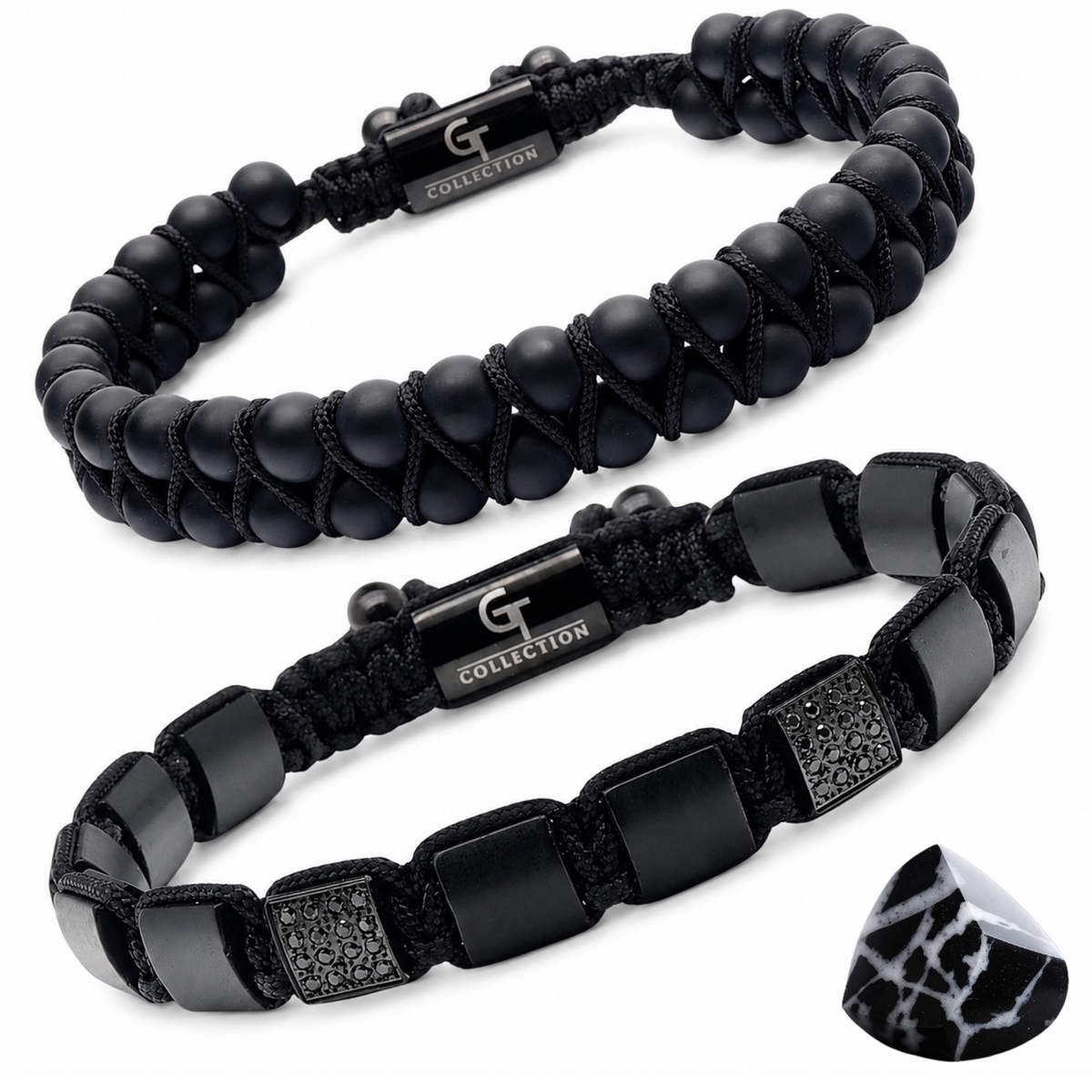Black two-bracelet set: ribbed beaded bracelet and woven cord bracelet with engraved tag