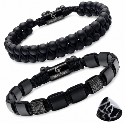 Black two-bracelet set: ribbed beaded bracelet and woven cord bracelet with engraved tag