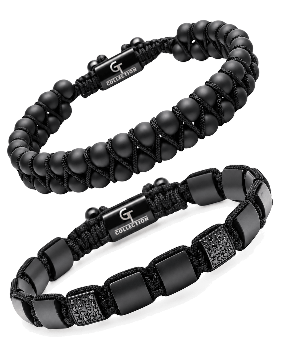 Black onyx bead bracelets set with macrame cuffs and metal clasp, 2-piece Main image