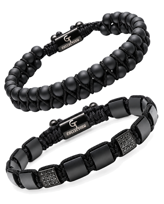 Black onyx bead bracelets set with macrame cuffs and metal clasp, 2-piece