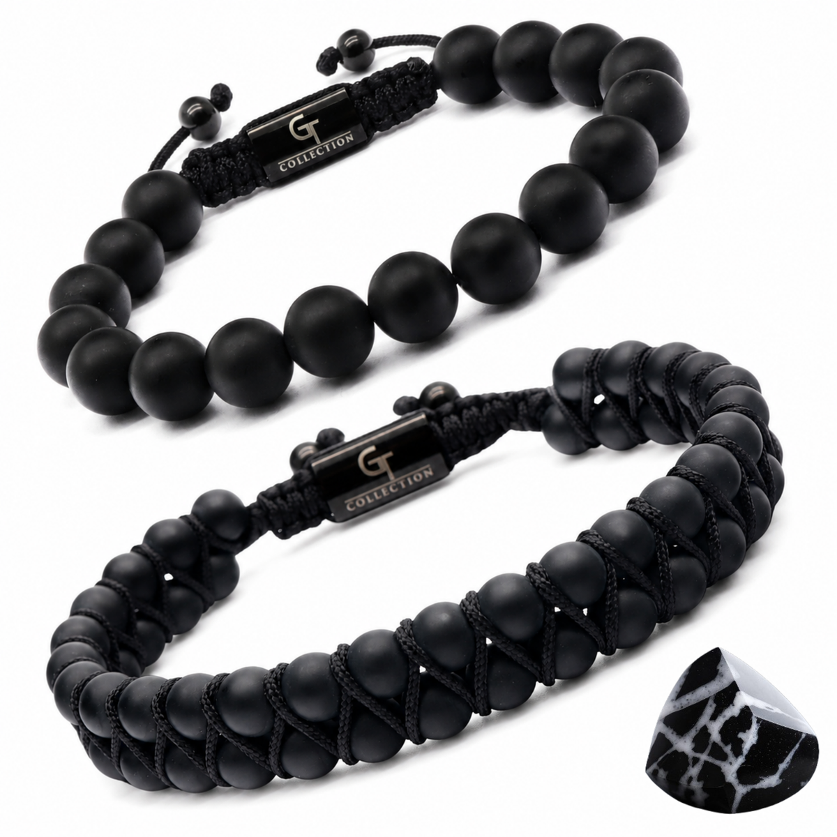 Two-piece black bead and braided cord bracelet set with logo tags