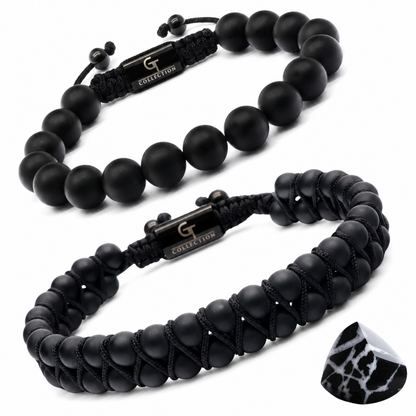Two-piece black bead and braided cord bracelet set with logo tags