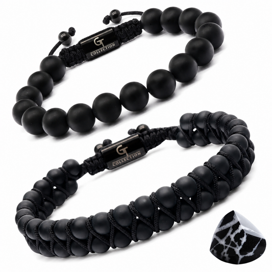 Two-piece black bead and braided cord bracelet set with logo tags