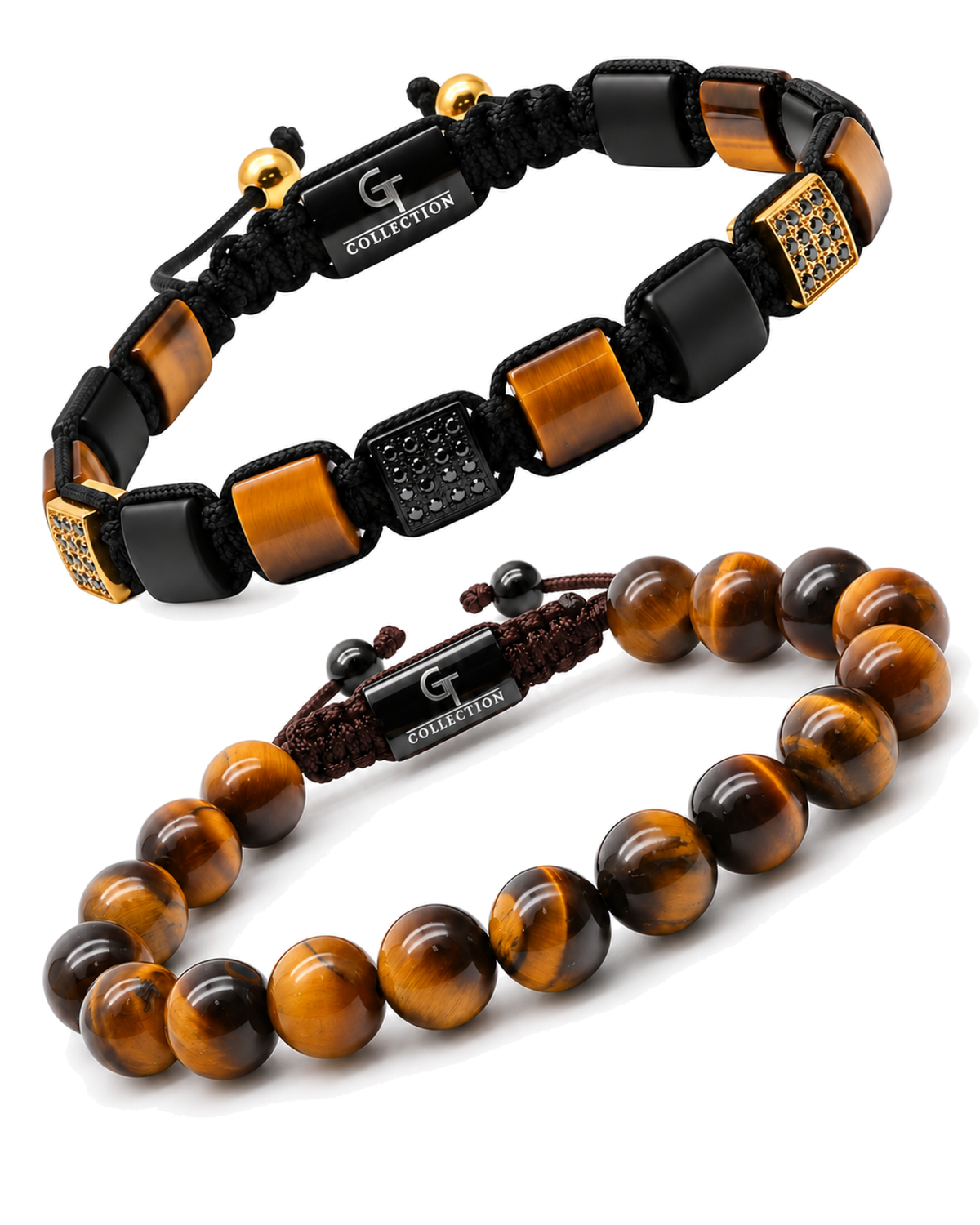 Tiger eye bracelet set: black cord band with tiger eye accents and beaded tiger eye strand Immagine principale del prodotto