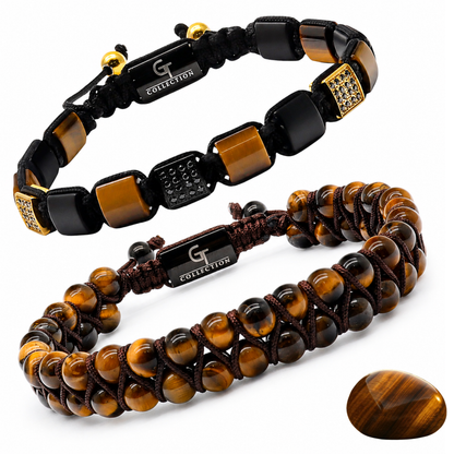 Two bracelet set: black and amber beaded with gold accents and textured center bead