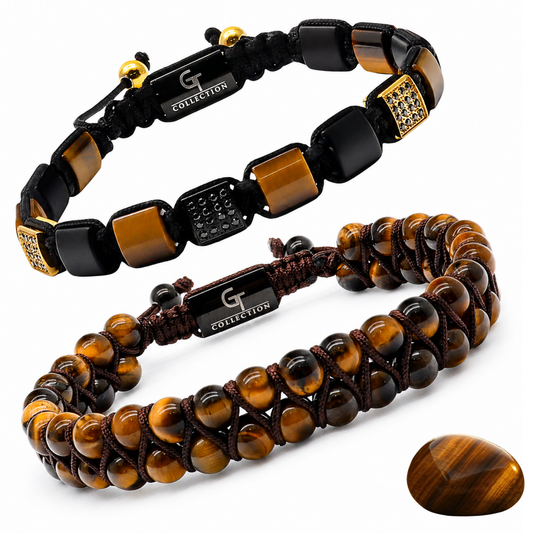 Two bracelet set: black and amber beaded with gold accents and textured center bead