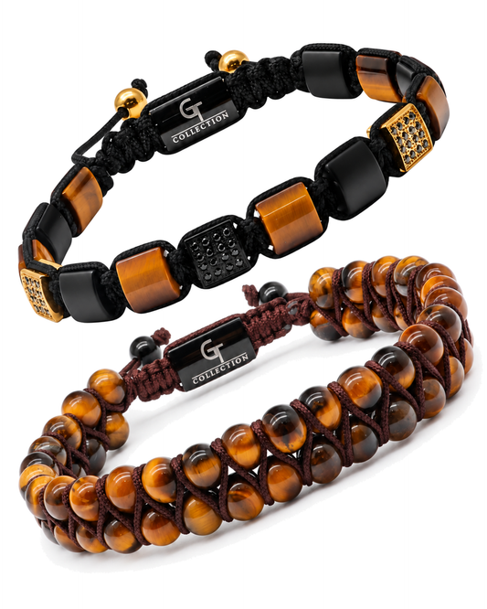 Tiger eye bracelet stack: black braided beads with gold accents and brown round bead bracelet