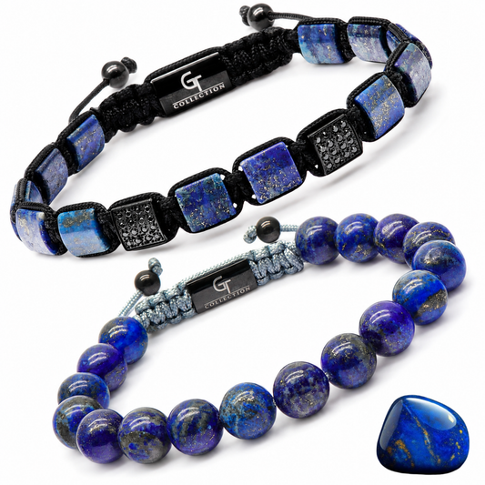 Two blue stone bead bracelets with black cords and dark clasp details