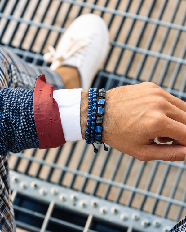 Lapis lazuli beaded bracelet stack, dark blue beads on wrist