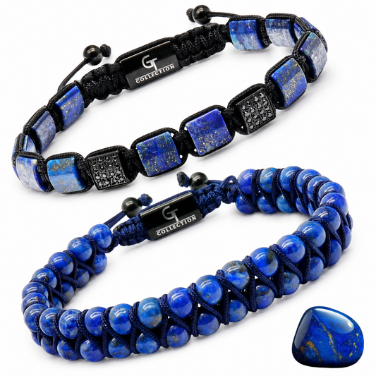 Two bracelets set: lapis blue beaded design on black cord, one with square spacers