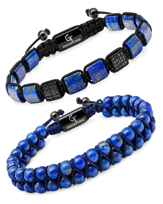 Lapis lazuli beaded bracelet set, blue beads with black braided and spacer details