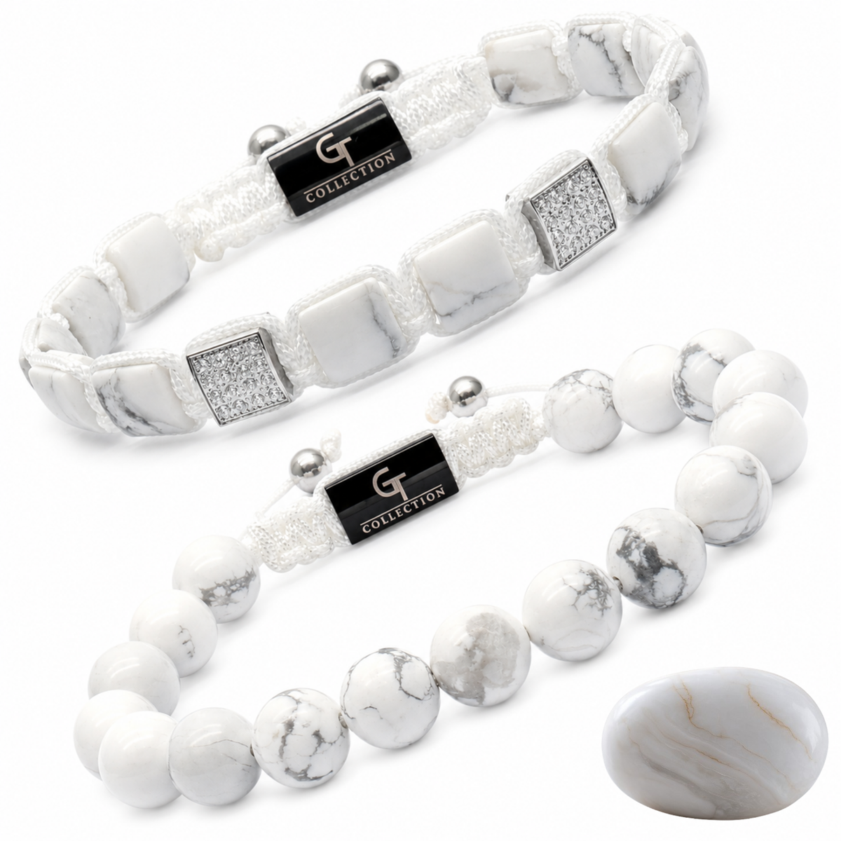 Two Howlite bead bracelets with black logo clasps, plus white stone accent charm