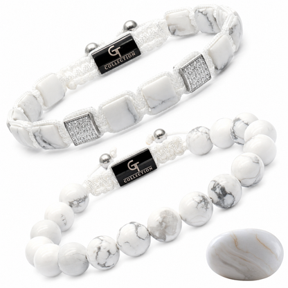 Two Howlite bead bracelets with black logo clasps, plus white stone accent charm