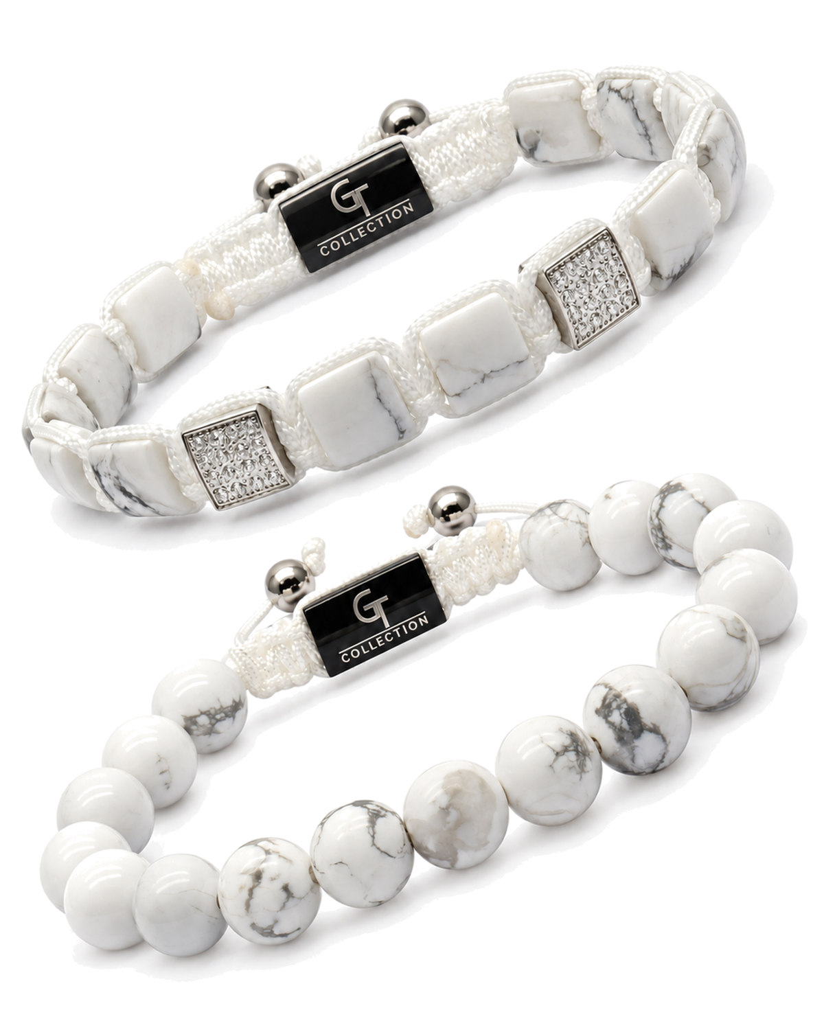 Calm Stack white howlite bracelets set of two with square and round beads, silver clasps Immagine principale del prodotto