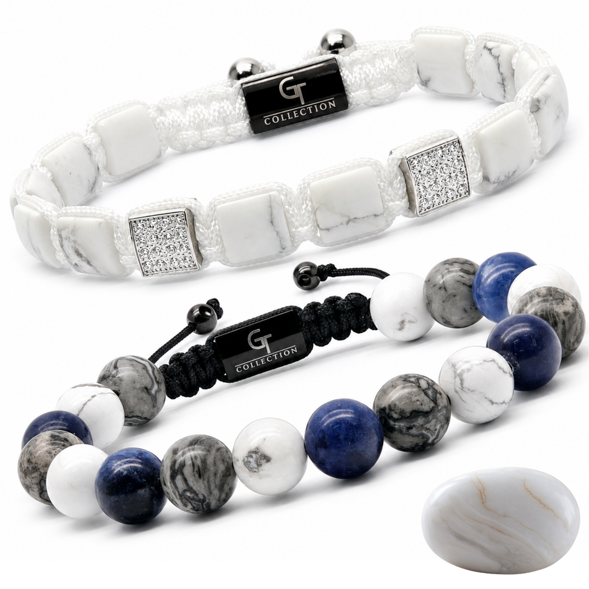 Two-piece bracelet set with white howlite beads and blue-gray stone bracelets on white cords