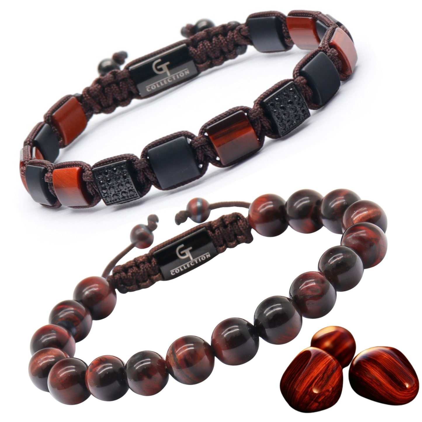 2 PIECE SET - RED TIGER EYE Single Bead & Flatbead Bracelet