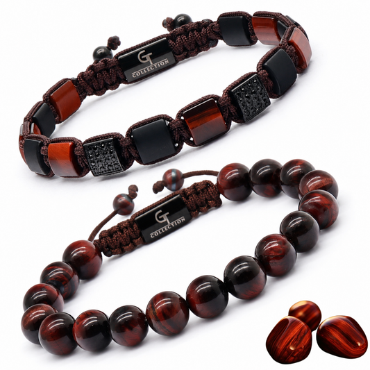 Bracelet set with braided cord, dark bead segments, and brown-red round beads