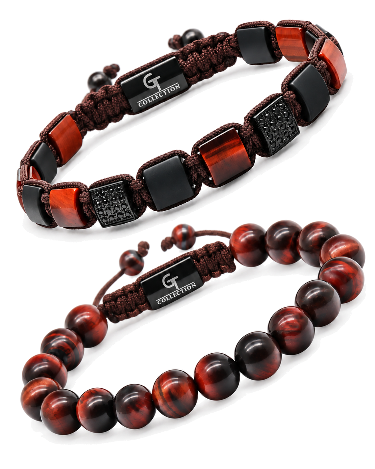 Red tiger eye beaded bracelets with black woven cord and square accents, 2-pack Immagine principale del prodotto