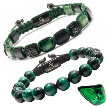2 PIECE SET - GREEN TIGER EYE Single Bead & Flatbead Bracelet