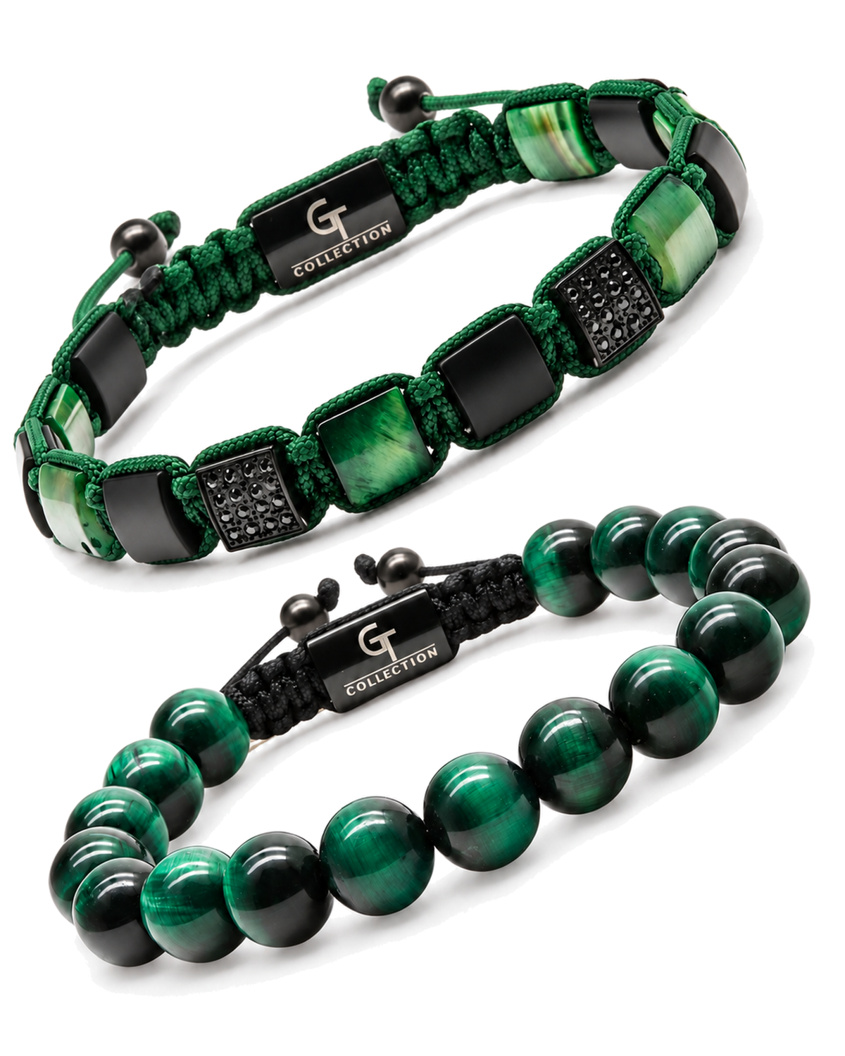 Stack of green tiger eye bracelets with braided cord and bead accents