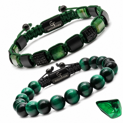 Two green tiger eye bracelets with black spacers, plus matching green bead