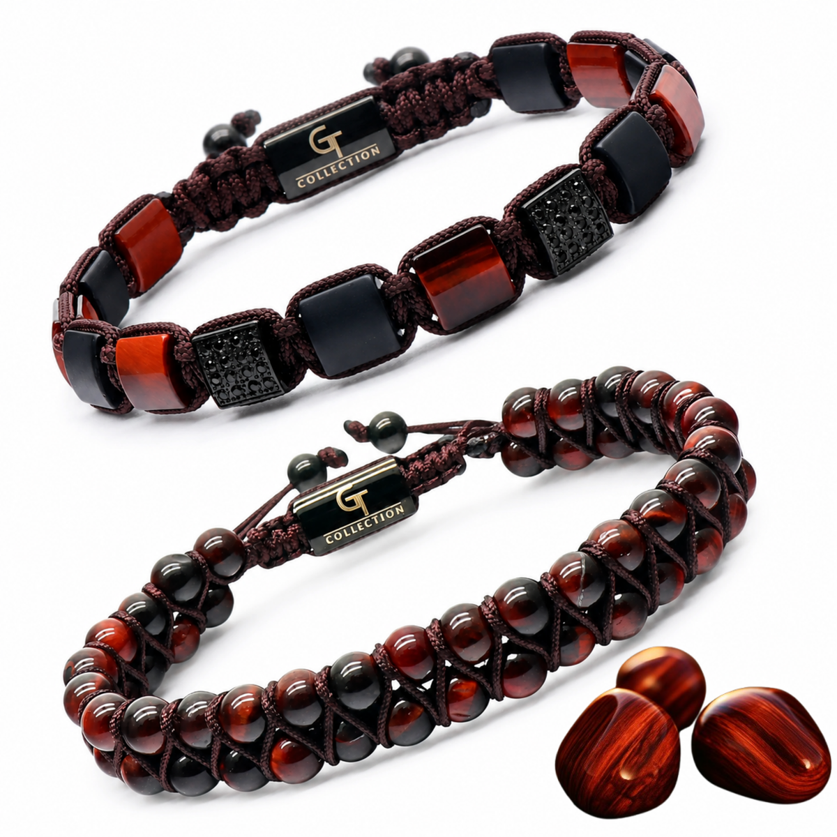 Two beaded bracelets in brown, black, and amber-red tones with heart-shaped beads
