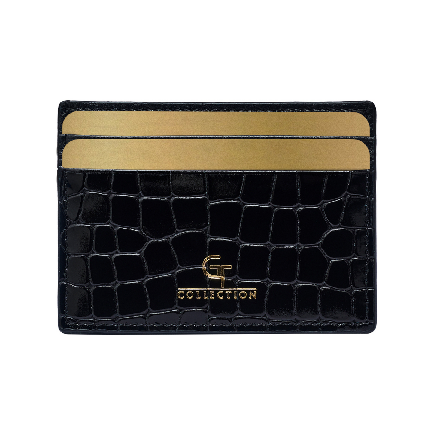 Men's Shiny Croc-Print Card Holder - Black Genuine Leather