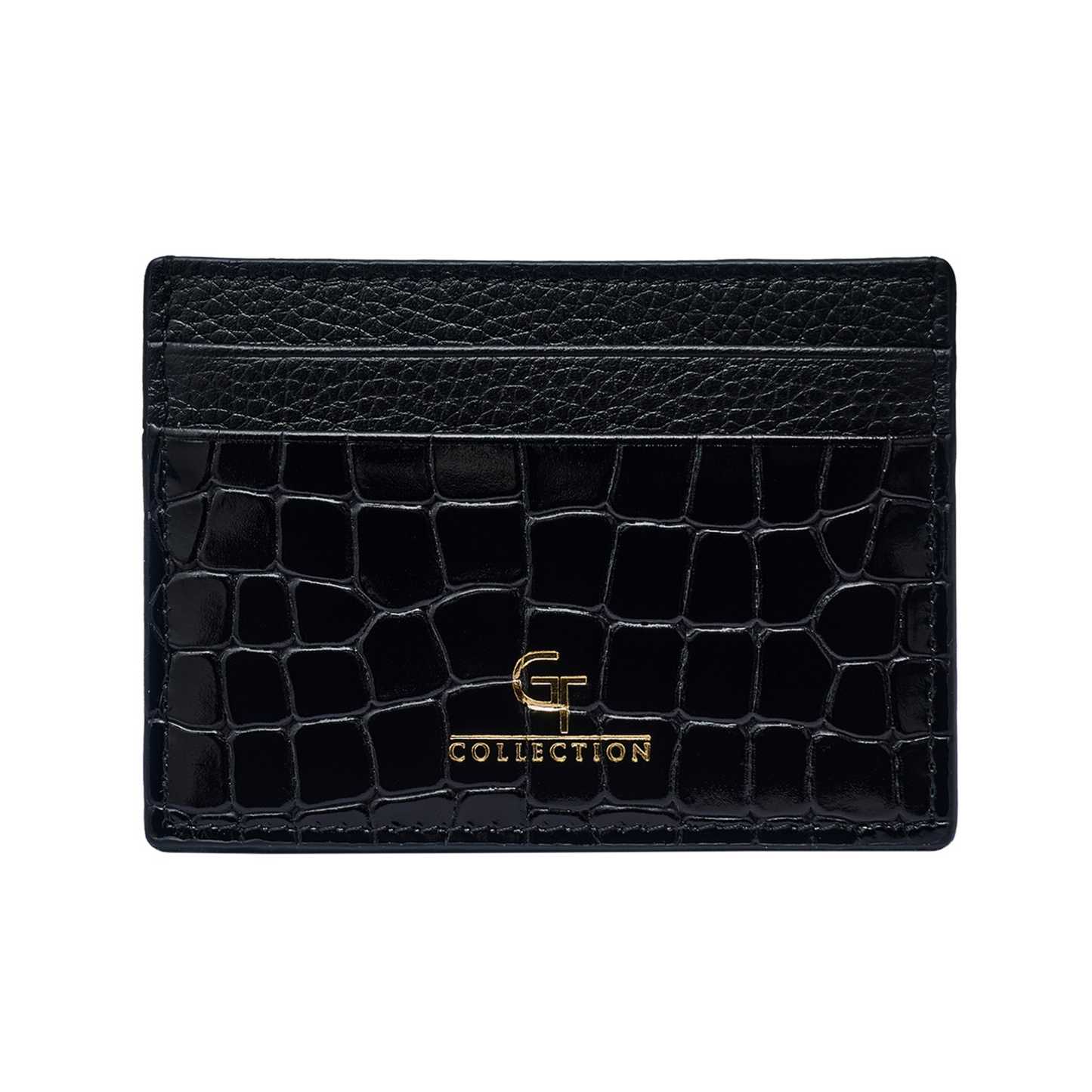 Men's Shiny Croc-Print Card Holder - Black Genuine Leather