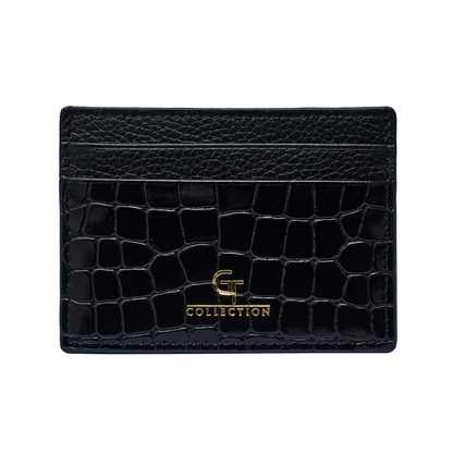Men's Shiny Croc-Print Card Holder - Black Genuine Leather