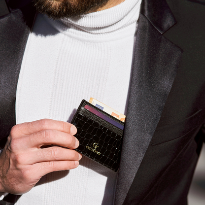 Men's Shiny Croc-Print Card Holder - Black Genuine Leather
