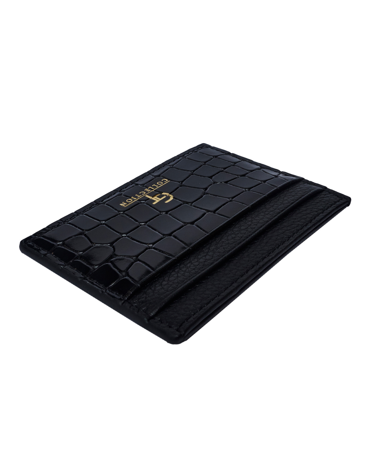 Black shiny croc-embossed leather card holder with gold logo and stitched edges