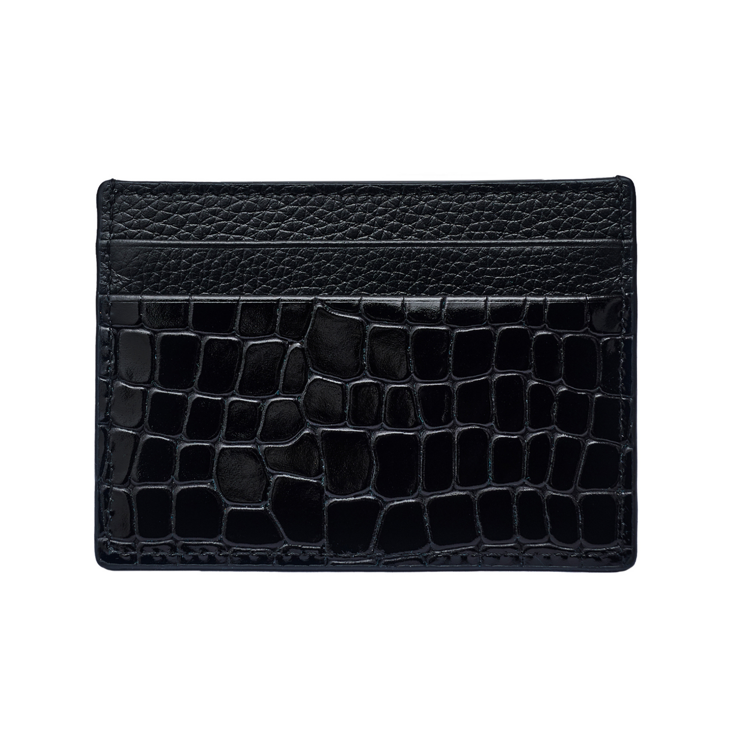 Men's Shiny Croc-Print Card Holder - Black Genuine Leather