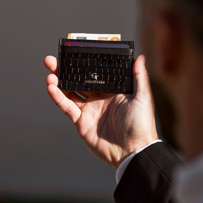 Men's Shiny Croc-Print Card Holder - Black Genuine Leather