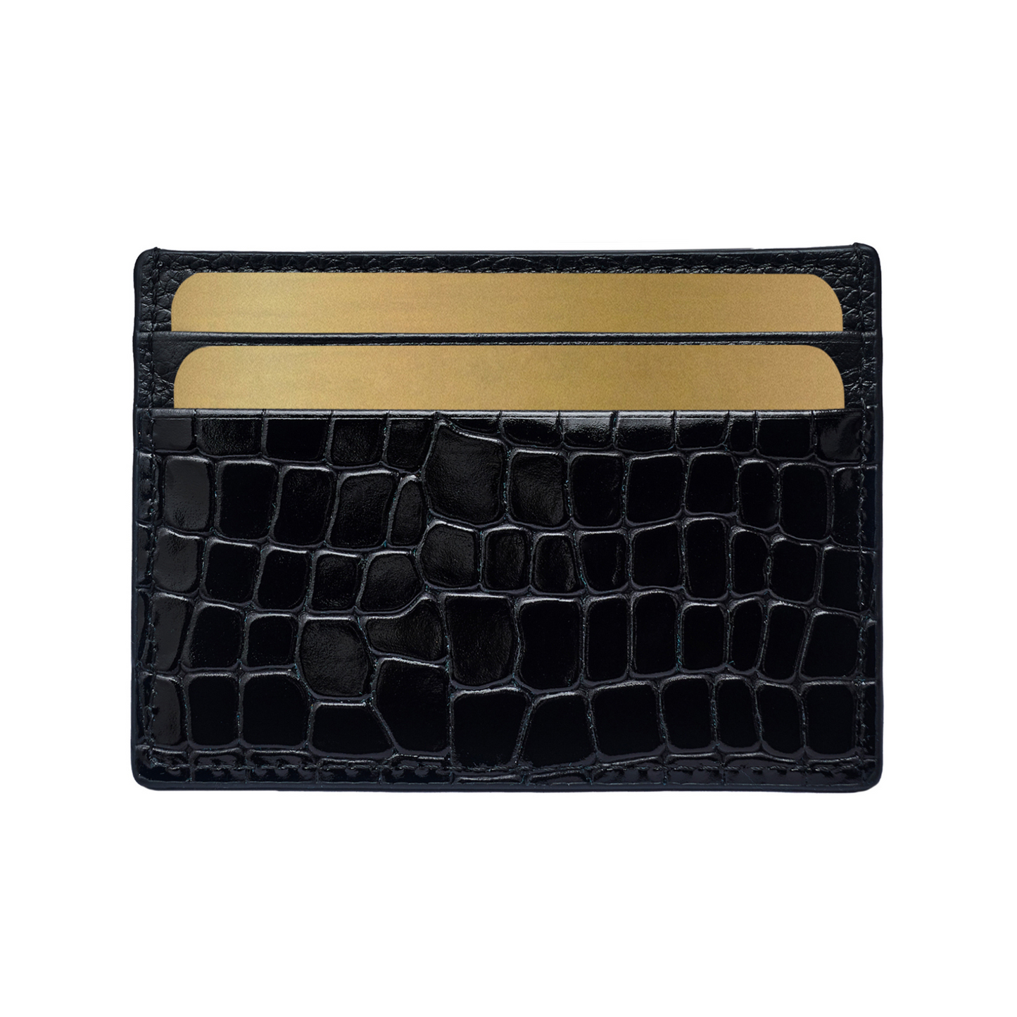 Men's Shiny Croc-Print Card Holder - Black Genuine Leather