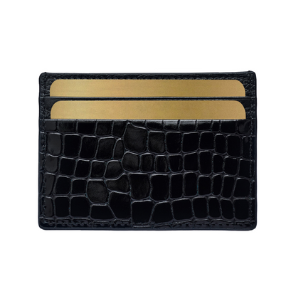 Men's Shiny Croc-Print Card Holder - Black Genuine Leather