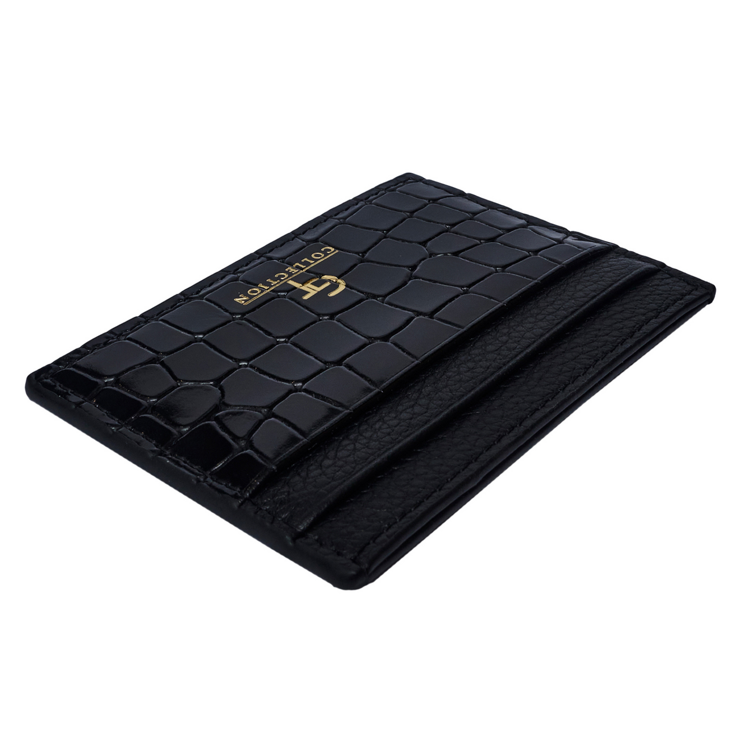 Men's Shiny Croc-Print Card Holder - Black Genuine Leather