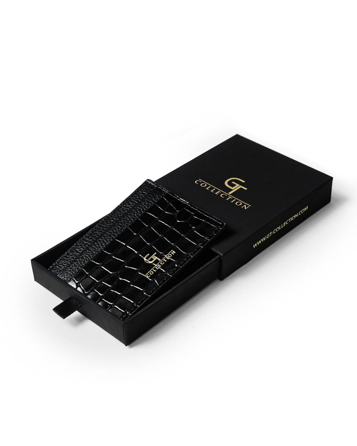 Black croc-embossed leather card holder shown in gift box with gold logo