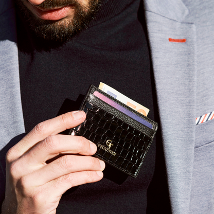 Men's Shiny Croc-Print Card Holder - Black Genuine Leather