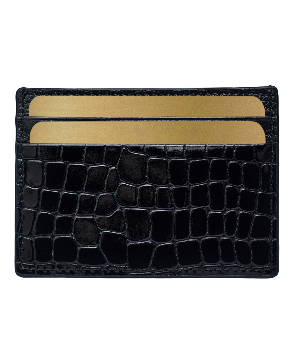 Black croc-embossed leather card holder with open card slots and beige lining