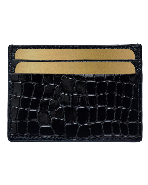 Black croc-embossed leather card holder with open card slots and beige lining