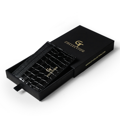 Men's Shiny Croc-Print Card Holder - Black Genuine Leather