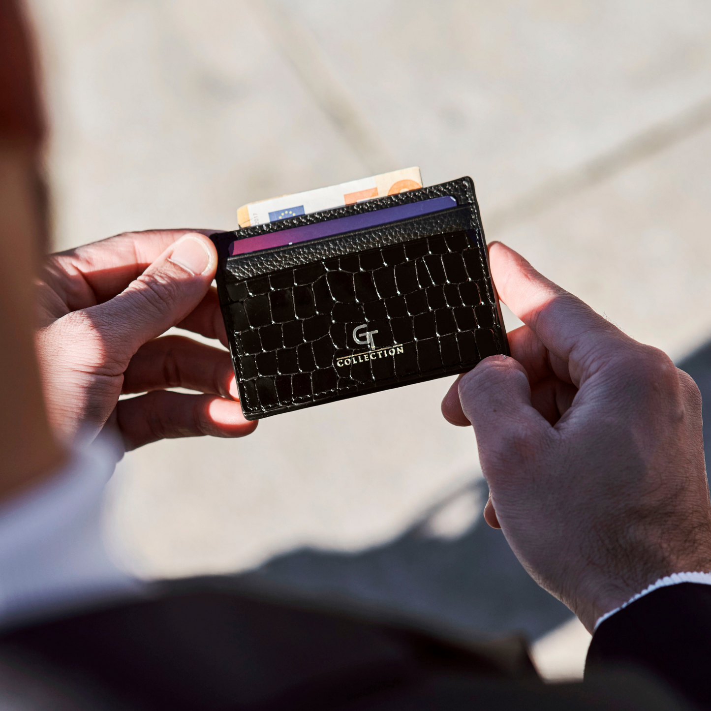Men's Shiny Croc-Print Card Holder - Black Genuine Leather